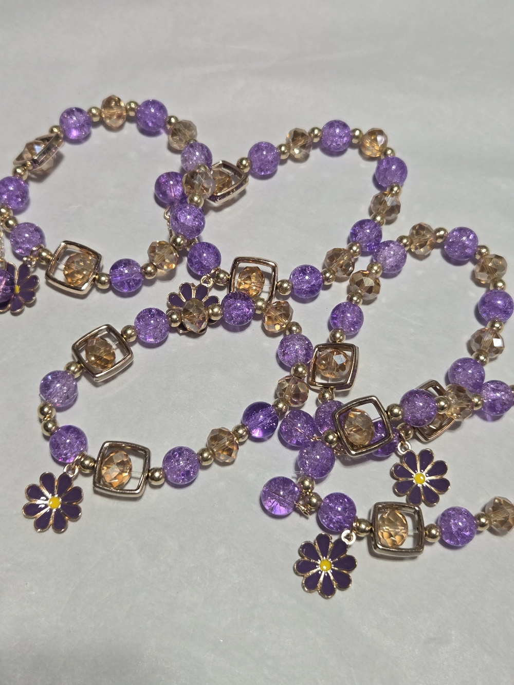 10mm- Gold-Tone Stretch Bracelet with Purple Crackle Beads and Flower - for 1